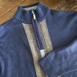 Vintage Axis Sweater Mens Medium Blue 1/4 Zip Mock Neck Stripe Knit Pullover Dad